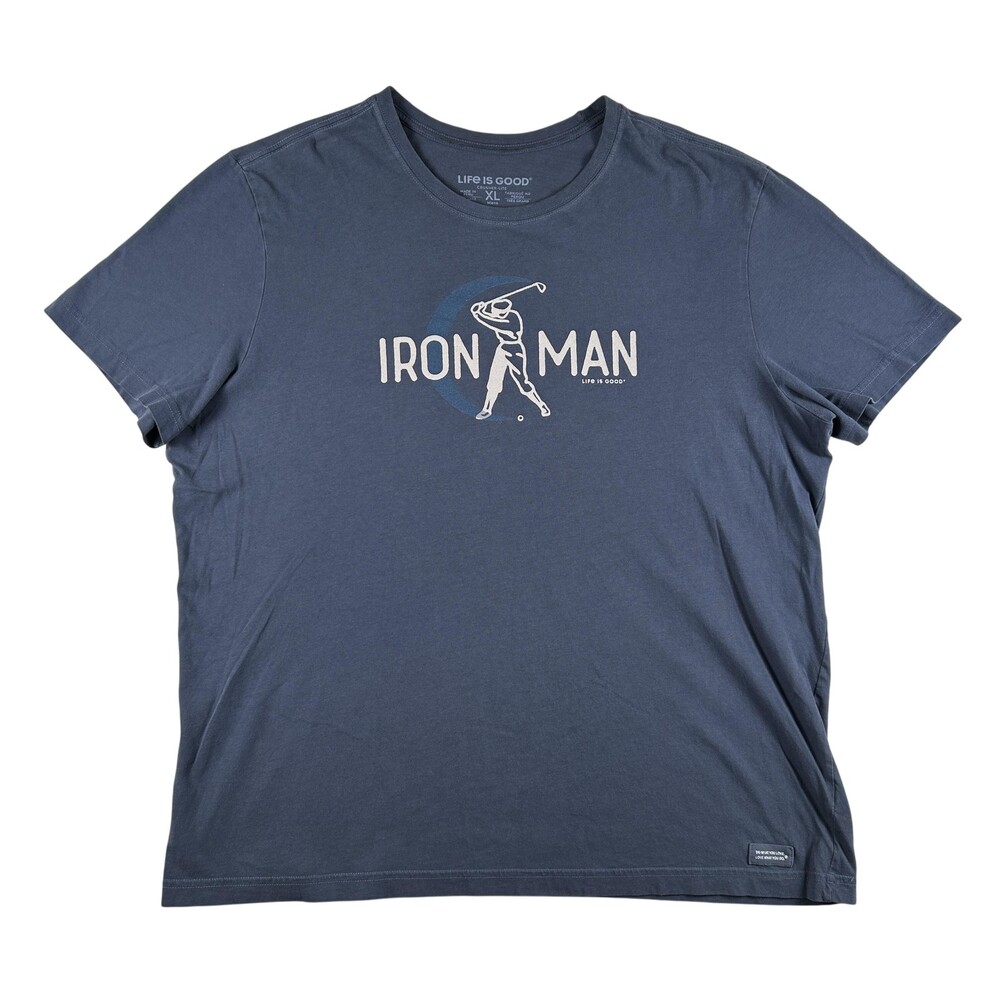 Life Is Good Shirt Mens XL Blue Iron Man Golf Graphic Tee Tagless Humor Sports